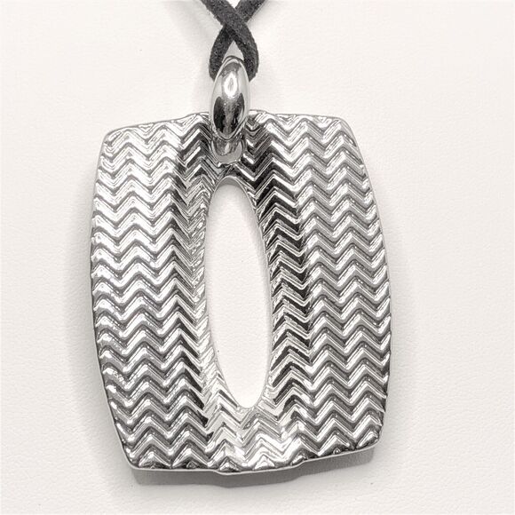 Lia Sophia Enigma Necklace Silver Tone and Black Inlaid Pendant Black Suede Cord - Picture 3 of 7